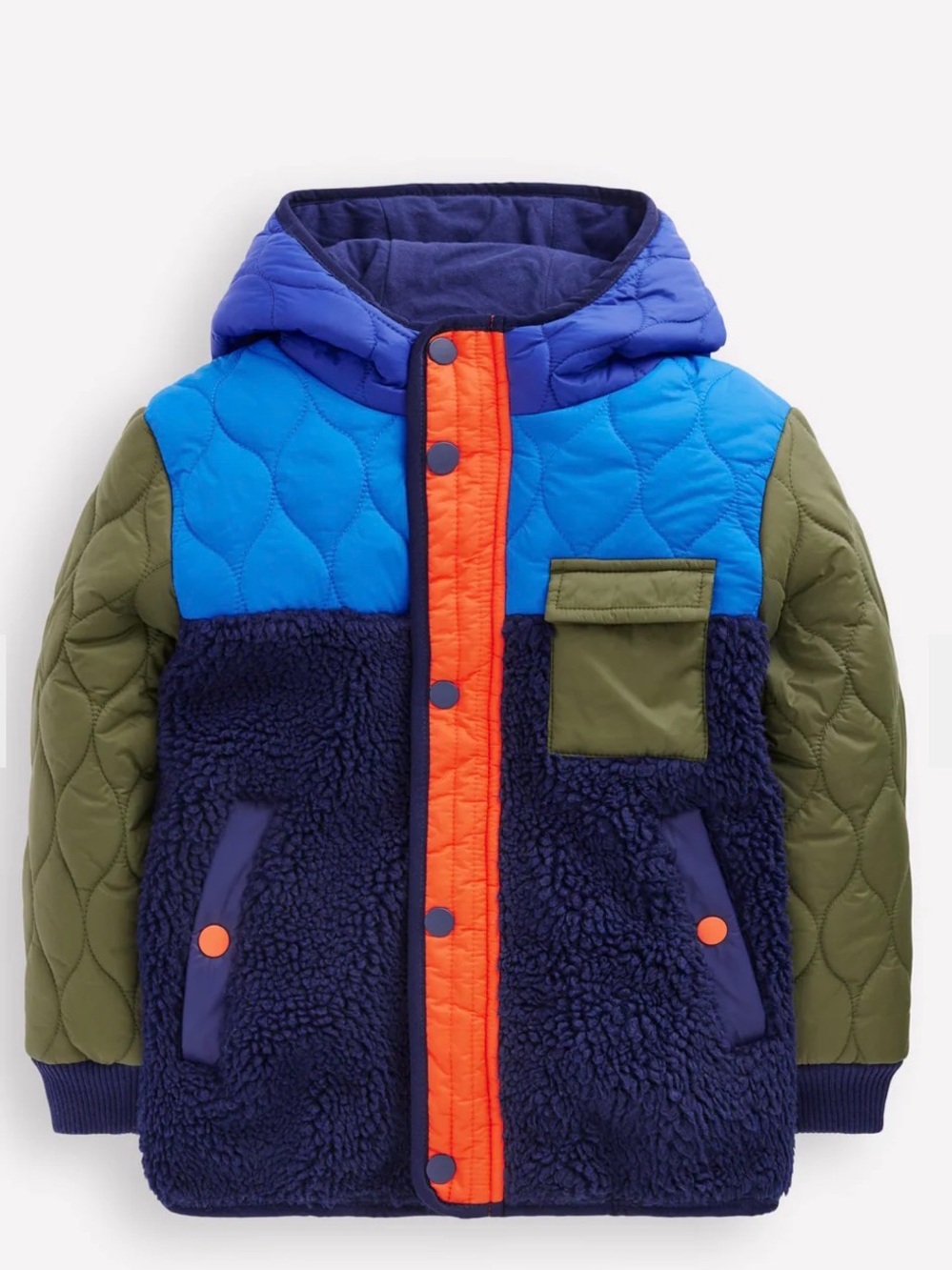 Mini Boden Sherpa & Quilted Hooded Jacket - Blue, Navy, Olive, Orange Boys 3-4y